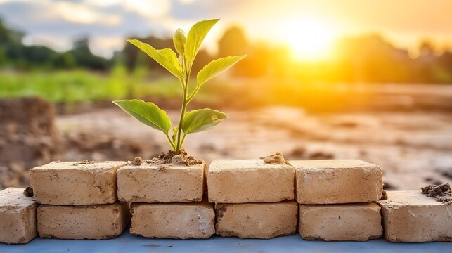 Sunrise Sapling Emerging from Bricks Construction Growth - Powered by Adobe