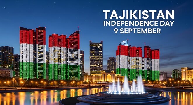 Tajikistan Independence Day: Illuminated Skyscrapers Displaying National Flag at Night