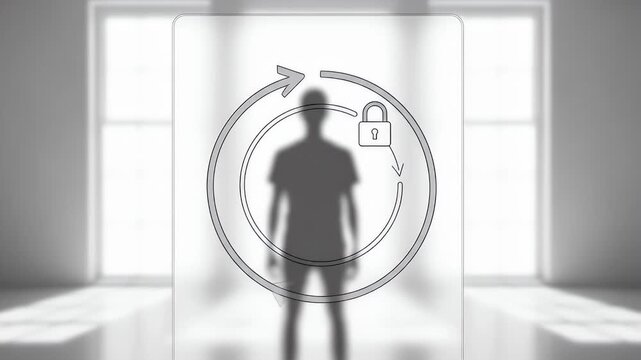 Line-art user behind frosted light receives a thin consent ring that closes as a doodled lock finishes, conveying gentle privacy without any brand text