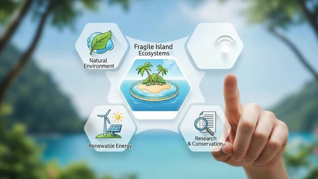 Hand interacting with fragile island ecosystems graphic with renewable energy and conservation