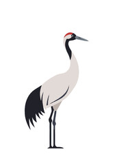 Elegant Red-crowned Crane vector illustration in a minimalist flat design, showcasing its majestic profile and distinctive red cap. This graceful bird symbolizes natural beauty and serene wildlife
