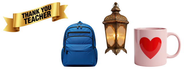 Set of Teacher's Day appreciation gifts including a backpack, mug, and thank you banner.
