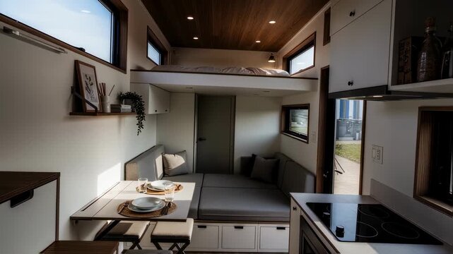 Interior walkthrough of a compact prefab tiny home featuring spacesaving furniture and multifunctional design tailored for urban living.