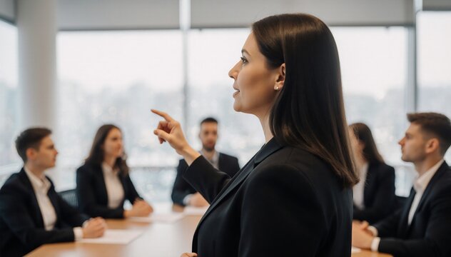 A confident businesswoman presents during a corporate meeting, addressing colleagues in a modern office boardroom setting.