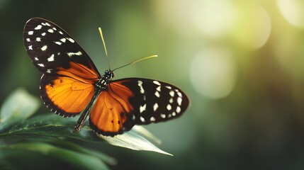Obraz premium A striking close-up of an orange and black butterfly perched gracefully on a verdant leaf, bathed in soft, natural light.