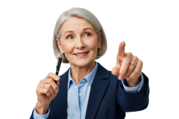 Smiling senior businesswoman or teacher pointing forward with a pen.