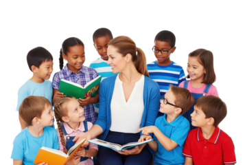 Happy female teacher reading with a diverse group of young students.