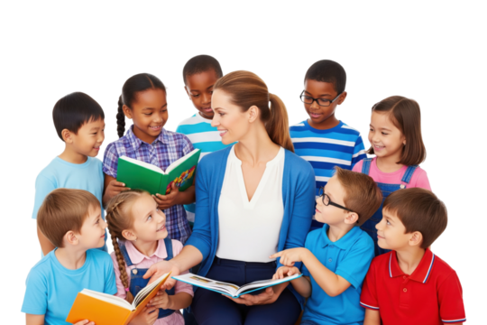 Happy female teacher reading with a diverse group of young students.