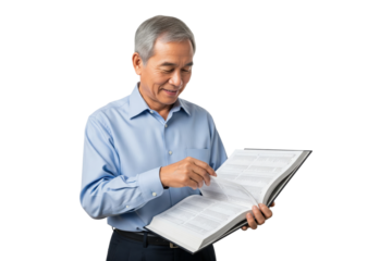 Smiling senior Asian man reading and studying a large reference book.