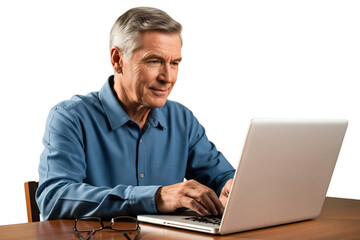 Mature man focused on typing and working on a laptop computer at his desk.