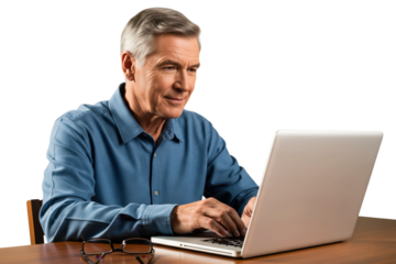 Mature man focused on typing and working on a laptop computer at his desk.