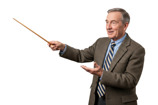 Senior male teacher or professor gesturing with a pointer stick while teaching a lesson.