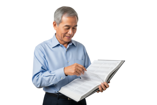 Smiling senior Asian man reading and studying a large reference book.