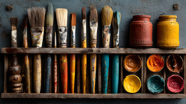 set of accessories for painting with paints and bruses. fine art tools. creatie composition in flatley syle