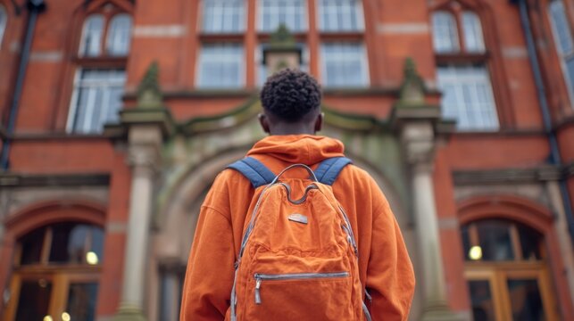 Medium shot of a young student wearing a backpack standing against a blurred university library entrance epitomizing campus arrival and academic ambition.