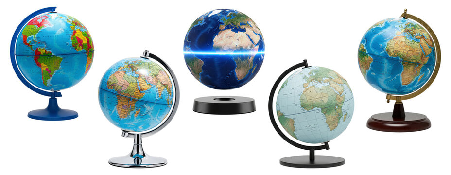 Collection of various world globes for geography and education, including a levitating model.