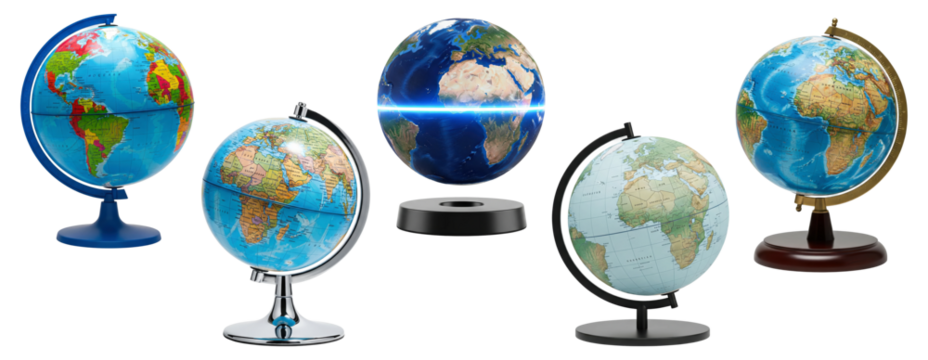 Collection of various world globes for geography and education, including a levitating model.