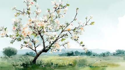 Fototapeta premium A serene watercolor painting of a flowering tree amidst a lush green landscape, capturing the beauty of nature in a tranquil setting.