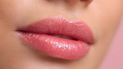 Close-up view of a woman's lips with a delicate, rosy-pink gloss, highlighting the natural beauty of the facial features.