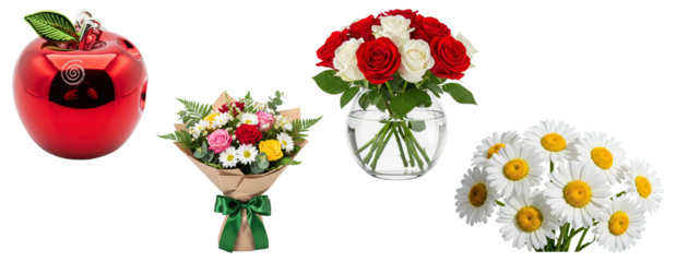 Collection of flower bouquets and a decorative apple for gift-giving occasions.