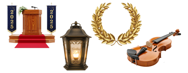 Graduation and achievement themed set with a 2025 stage, laurel wreath, and violin.