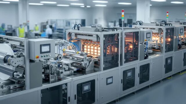 View of interconnected equipment modules forming a continuous rolltoroll graphene chemical vapor deposition line designed for industryscale output.