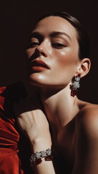 Styled as a high-fashion model with ruby and diamond jewelry, radiant in luxury magazine elegance.