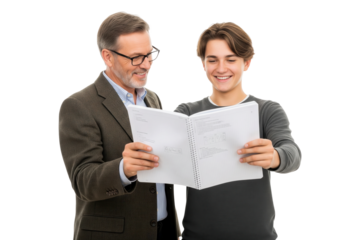 Male teacher helping a happy teenage student with his studies from a notebook.