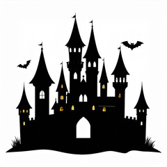 a silhouette of a large, spooky castle with multiple tall spires and turrets, some adorned with flags