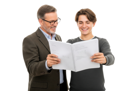 Male teacher helping a happy teenage student with his studies from a notebook.