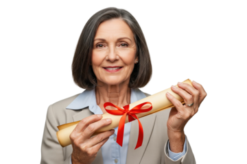 Happy mature woman or graduate holding a university diploma scroll with a red ribbon.