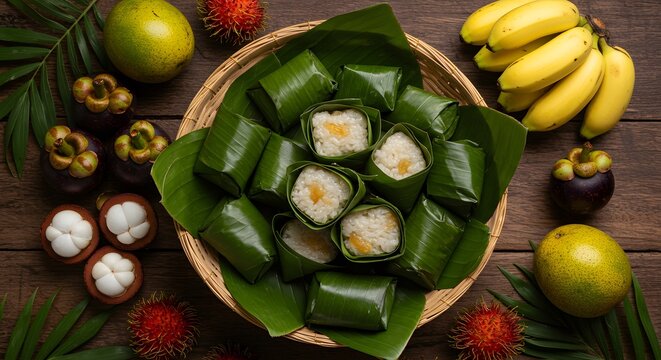 "En-cas Kelupis plat national du Brun&eacute;i mets culturel rouleaux de riz dans feuilles naturelles"