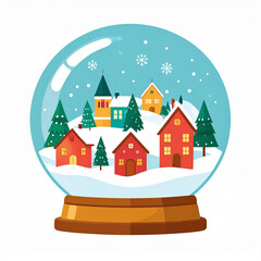 Fototapeta premium a charming snow globe displays a quaint winter scene. several colorful buildings and evergreen trees dot a snowy landscape under a light blue sky with falling snowflakes