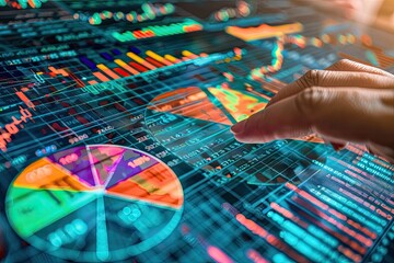 Analyst reviewing financial data on interactive screen, office background