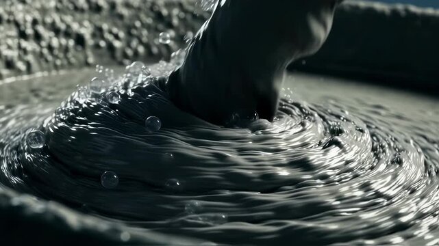 Macro lens capture of microcapsules suspended in liquid concrete within highspeed industrial mixer line.