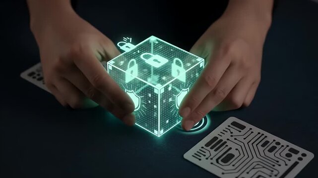 An anonymization cube between dataset cards resolves its pixel grid as lock and shield pulse, a composed corporate signal of protective processing