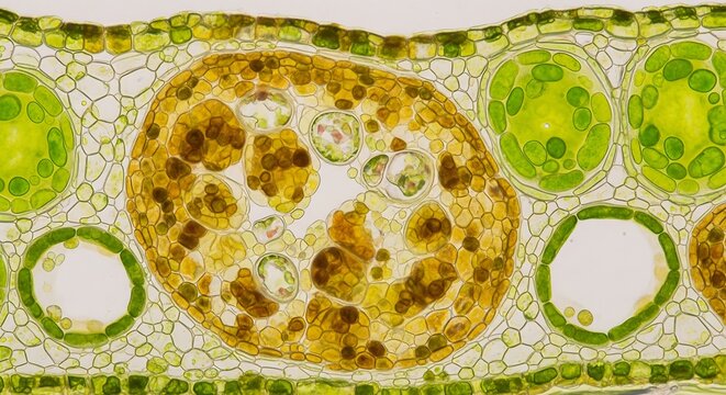 Detailed micrograph of plant biology, a transverse section of a leaf with green chloroplasts and internal cells