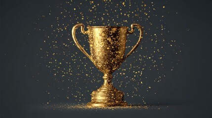 Golden trophy with sparkling confetti on dark background for victory and achievement celebration