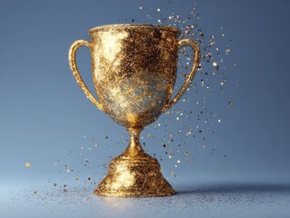 Shiny Golden Trophy with Sparkling Glitter Effect on a Blue Background for Celebration and Achievement