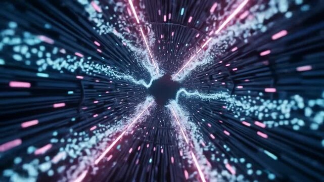 Tunnellike abstract design with pink rays and blue particles converging toward a dark central opening
