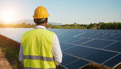 Dedicated professional in safety gear oversees an expansive solar panel field at sunset, symbolizing commitment to sustainable energy development