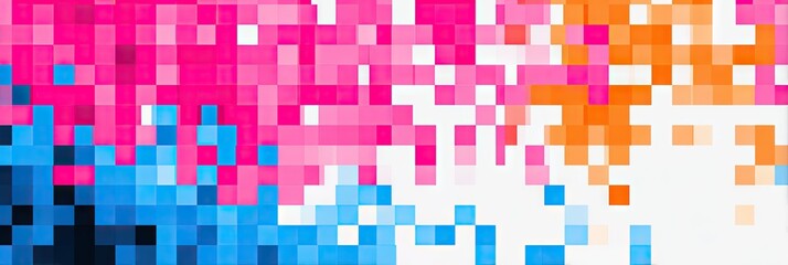 Fototapeta premium A vibrant graphic design featuring a pixelated pattern of squares in various shades of pink, blue, and orange, creating a dynamic abstract background.