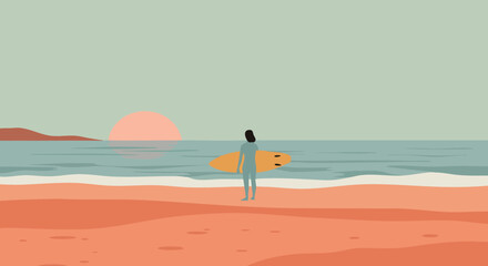 Surfer on beach holding surfboard watching sunset over ocean waves vector illustration 