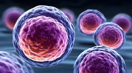 Close-up view of several vibrant, spherical cells, showcasing intricate details of their surface textures and gradients of purple, pink, and blue hues.