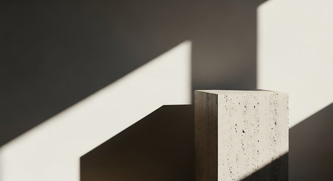 Minimalist concrete block illuminated by natural sunlight with dramatic shadows creating a modern architectural aesthetic emphasizing texture and