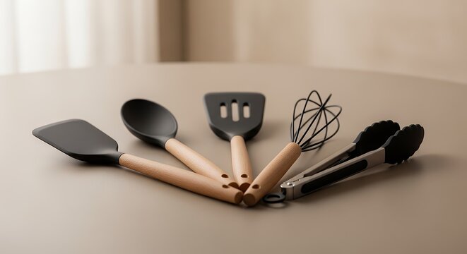 Set of modern kitchen utensils featuring wooden handles including spatula whisk tongs and ladle arranged on a smooth surface with neutral background
