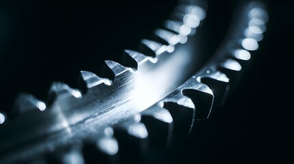 Close-up view of finely detailed metal gears, showcasing intricate teeth and a sleek, reflective surface against a dark background.