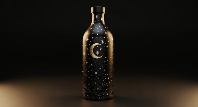 Elegant night sky themed black bottle adorned with gold celestial designs featuring crescent moons and stars for decorative collectible display - Powered by Adobe