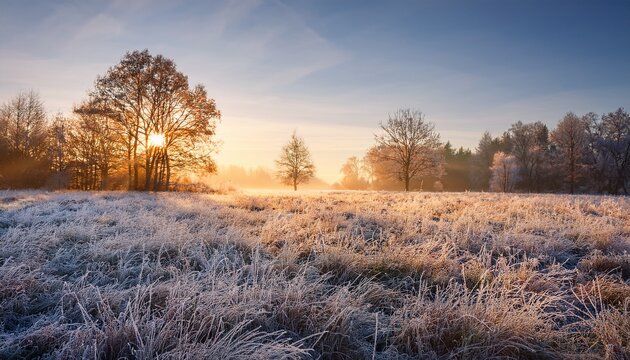 frosty meadow in early morning light with trees and grass