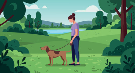 Fototapeta premium Woman walking dog in green park near lake landscape vector illustration 